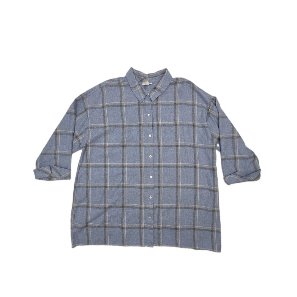 J Jill Shirt Blue Plaid Button Cuff Women Sz XL Cotton Side Slits Collar Classic